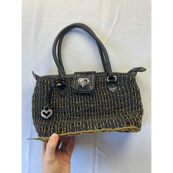 Brighton Raffia Straw Woven Tote Shoulder Bag Black/Tan Double Handle Vintage - Picture 1 of 9